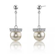 Graceful Beauty: Sterling Silver Bridal Style White Pearl CZ Diamond Drop Earrings
