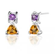 1.75 Carats Round Shape & Trillion Cut Amethyst Citrine Earrings in Sterling Silver