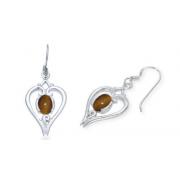 Oval Cut Tigereye Dangling Heart Earrings Sterling SIlver