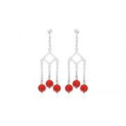 Round Coral Red Bead Chandelier Earrings Sterling Silver