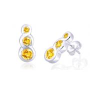 Round Cut Citrine Three Stone Drop Earrings Sterling Silver
