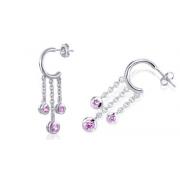 Round Cut Pink Cz J-hoop Charm Earrings Sterling Silver
