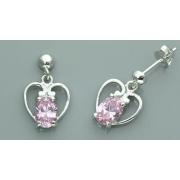 Oval cut Pink Cz Dangling Heart Earrings Sterling Silver