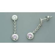 Round Cut Pink & White Cz Dangling Earrings Sterling Silver