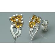 Round Cut Citrine Three Stone Earrings Sterling Silver