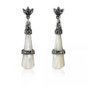 Grand Radiance: Sterling Silver Dangling Conical Post Earrings with Marcasite and White Mother of Pearl