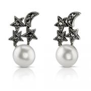 Heavenly Beauty: Sterling Silver Star & Crescent Drop Post Earrings with Marcasite and Mabe Style Mother of Pearl