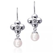 Sophisticated and Chic: Sterling Silver Celebrity Style Four Leaf Clover Bridal Earrings with CZ Diamonds and Cultured Pearls