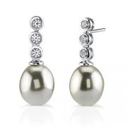 Antique Beauty: Sterling Silver Art Deco Inspired Bridal Style Faux Pearl Drop Earrings with Bezel Set CZ Diamonds