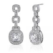 Inspired Perfection: Sterling Silver Designer Inspired Bridal Style Dangle Earrings with Cushion-cut 7mm CZ Diamonds