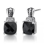 Regal Beauty: Sterling Silver Stud Post Earrings With Cushion-cut Black Onyx and CZ Diamonds