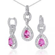 Alluring Design Pear Checkerboard Shape Created Pink Sapphire Pendant Earrings Set in Sterling Silver