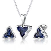 Ultimate Sophistication: 10.75 carat Tri Flower Cut Blue Sapphire Pendant Earring Set in Sterling Silver