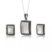 Stately Style: Sterling Silver Marcasite and Mother of Pearl Framed Pendant & Earring Set