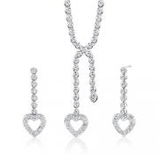 Romantic Style: Sterling Silver Heart Lariat Tennis Necklace Earrings Set with White CZ
