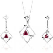 Artful 2.25 carats Trillion Cut Sterling Silver Ruby Pendant Earrings Set 