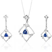 Artful 2.25 carats Trillion Cut Sterling Silver Sapphire Pendant Earrings Set 