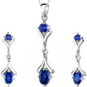 Oval Round Combination 3.00 carats  Sterling Silver Sapphire Pendant Earrings Set 