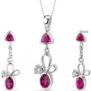 Dynamic 3.25 carats Trillion and Oval Cut Sterling Silver Ruby Pendant Earrings Set 