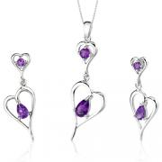 Heart Design 2.00 carats Pear Shape Sterling Silver Amethyst Pendant Earrings Set 