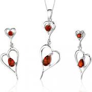 Heart Design 2.75 carats Pear Shape Sterling Silver Garnet Pendant Earrings Set 