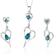 Heart Design 2.50 carats Pear Shape Sterling Silver London Blue Topaz Pendant Earrings Set 