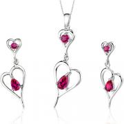 Heart Design 2.50 carats Pear Shape Sterling Silver Ruby Pendant Earrings Set 