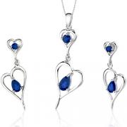 Heart Design 2.75 carats Pear Shape Sterling Silver Sapphire Pendant Earrings Set 