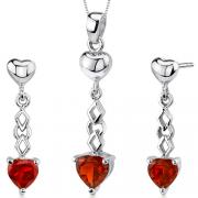 Cupid Duet 3.50 carats Heart Shape Sterling Silver Garnet Pendant Earrings Set 