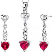 Cupid Duet 3.75 carats Heart Shape Sterling Silver Ruby Pendant Earrings Set 