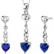 Cupid Duet 3.50 carats Heart Shape Sterling Silver Sapphire Pendant Earrings Set 