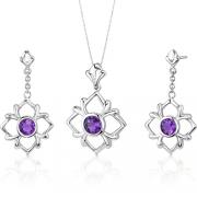 Floral Design 2.75 carats Round Cut Sterling Silver Amethyst Pendant Earrings Set 