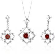 Floral Design 3.75 carats Round Cut Sterling Silver Garnet Pendant Earrings Set 