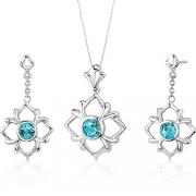 Floral Design 3.75 carats Round Cut Sterling Silver Swiss Blue Topaz Pendant Earrings Set 