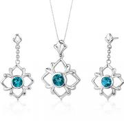 Floral Design 3.75 carats Round Cut Sterling Silver London Blue Topaz Pendant Earrings Set 