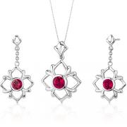 Floral Design 3.75 carats Round Cut Sterling Silver Ruby Pendant Earrings Set 