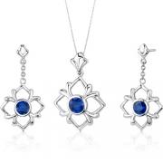 Floral Design 4.00 carats Round Cut Sterling Silver Sapphire Pendant Earrings Set 