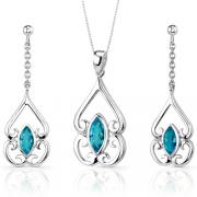Ornate Style 2.75 carats Marquise Cut Sterling Silver Swiss Blue Topaz Pendant Earrings Set 