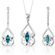 Ornate Style 2.75 carats Marquise Cut Sterling Silver London Blue Topaz Pendant Earrings Set 