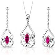 Ornate Style 2.75 carats Marquise Cut Sterling Silver Ruby Pendant Earrings Set 