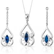 Ornate Style 2.75 carats Marquise Cut Sterling Silver Sapphire Pendant Earrings Set 