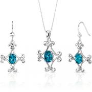 Cross Design 3.50 carats Oval Shape Sterling Silver Swiss Blue Topaz Pendant Earrings Set 