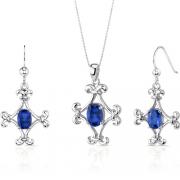 Cross Design 3.75 carats Oval Shape Sterling Silver Sapphire Pendant Earrings Set 