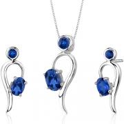 Trendy 3.00 carats Oval Round Shape Sterling Silver Sapphire Pendant Earrings Set 