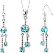 Charming 3.25 carats Round Oval Shape Sterling Silver Swiss Blue Topaz Pendant Earrings Set 