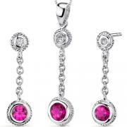 Bezel Set 1.50 carats Round Shape Sterling Silver Ruby Pendant Earrings Set 