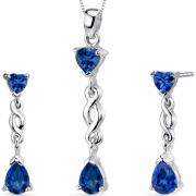 Enchanting 4.00 carats Pear Heart Shape Sterling Silver Sapphire Pendant Earrings Set 