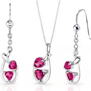 Love Duet 2.50 carats Trillion Heart Shape Sterling Silver Ruby Pendant Earrings Set 