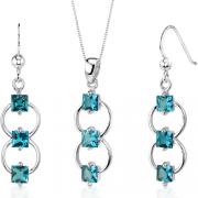 3 Stone 3.75 carats Princess Cut Sterling Silver London Blue Topaz Pendant Earrings Set 