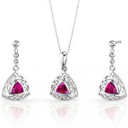 Filigree Design 1.50 carats Trillion Cut Sterling Silver Ruby Pendant Earrings Set 